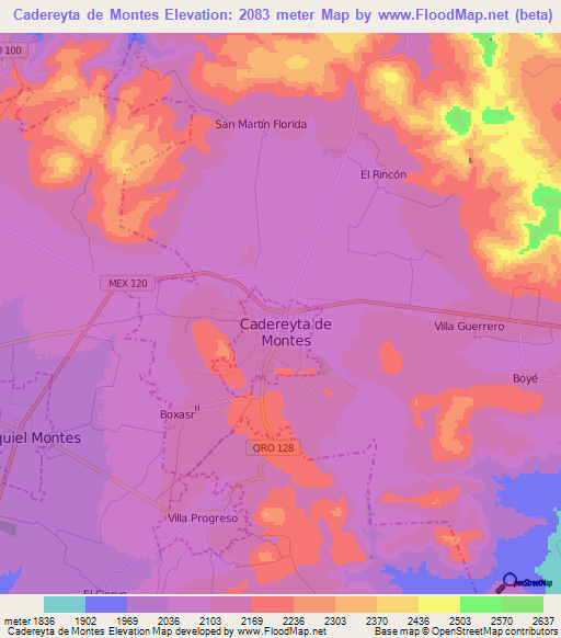 Cadereyta de Montes,Mexico Elevation Map