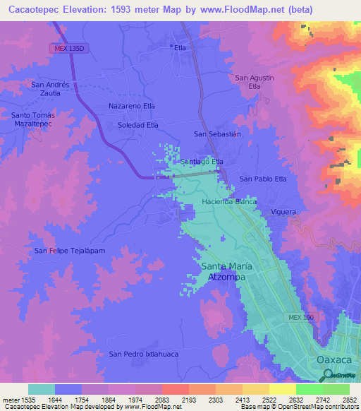 Cacaotepec,Mexico Elevation Map