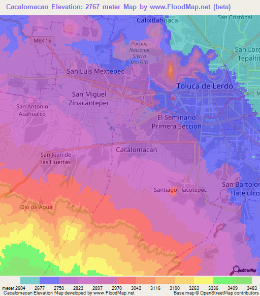 Cacalomacan,Mexico Elevation Map