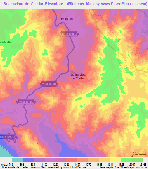 Buenavista de Cuellar,Mexico Elevation Map