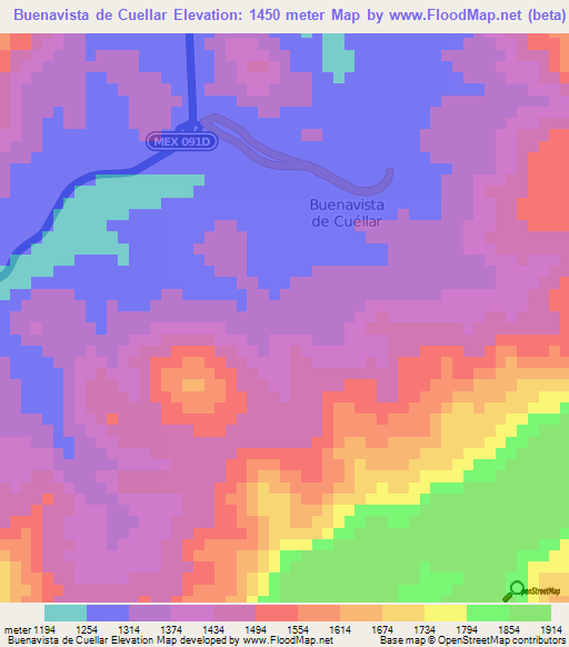 Buenavista de Cuellar,Mexico Elevation Map