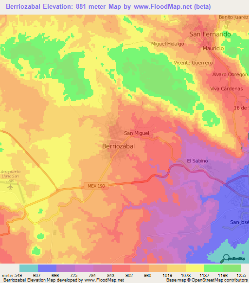 Berriozabal,Mexico Elevation Map