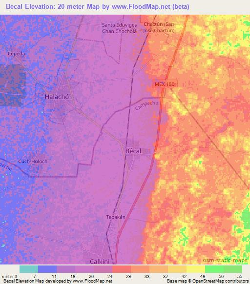 Becal,Mexico Elevation Map