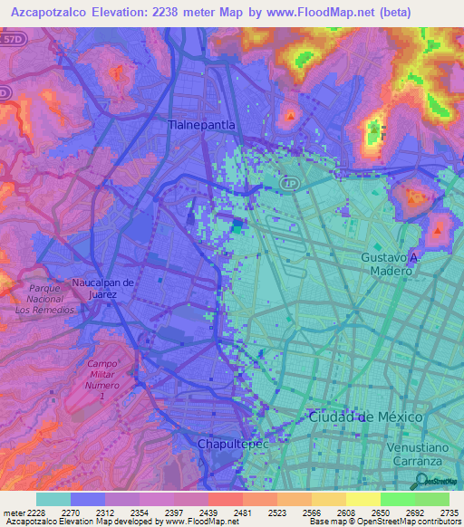 Azcapotzalco,Mexico Elevation Map