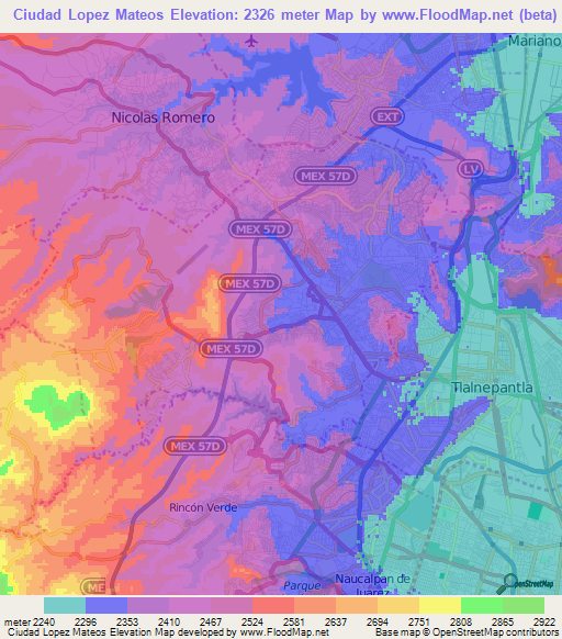 Ciudad Lopez Mateos,Mexico Elevation Map