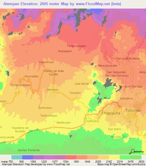 Atempan,Mexico Elevation Map