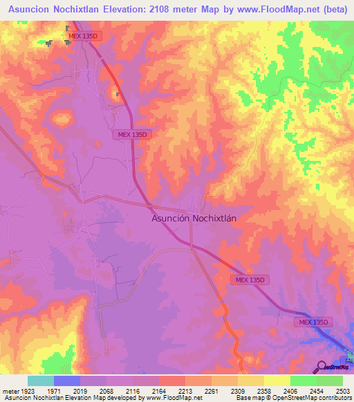 Asuncion Nochixtlan,Mexico Elevation Map