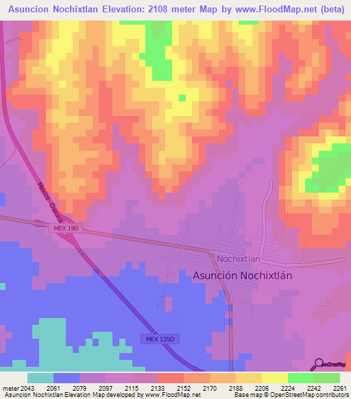 Asuncion Nochixtlan,Mexico Elevation Map