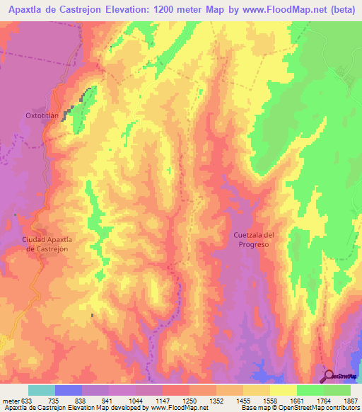 Apaxtla de Castrejon,Mexico Elevation Map