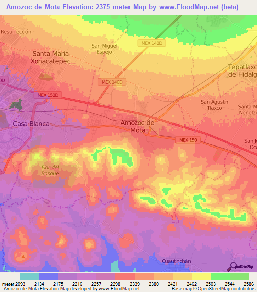 Amozoc de Mota,Mexico Elevation Map