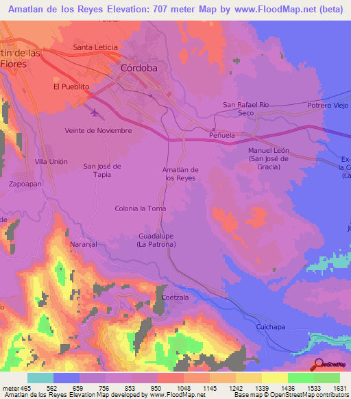 Amatlan de los Reyes,Mexico Elevation Map