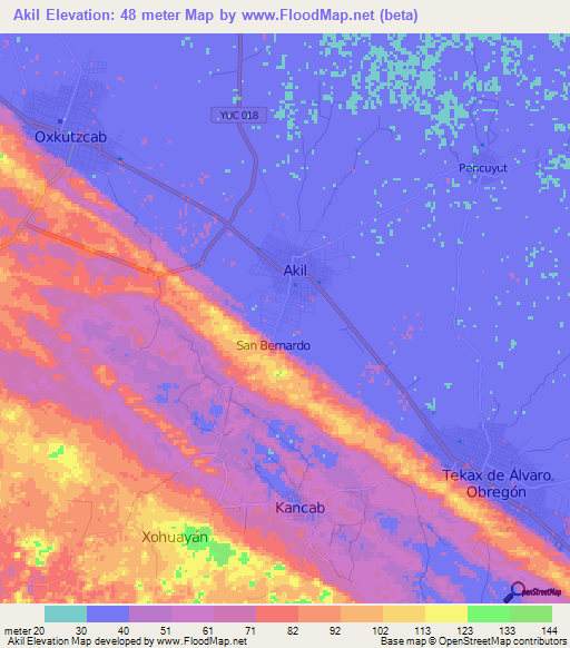 Akil,Mexico Elevation Map