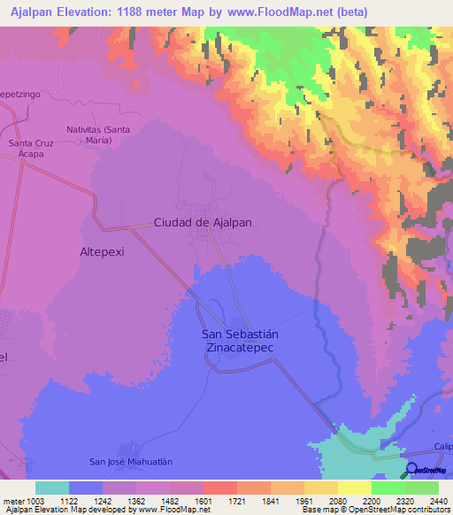 Ajalpan,Mexico Elevation Map