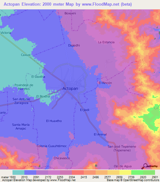 Actopan,Mexico Elevation Map