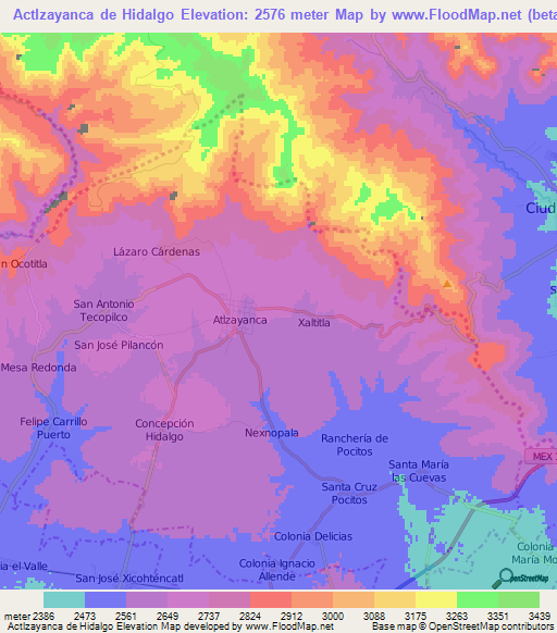 Actlzayanca de Hidalgo,Mexico Elevation Map