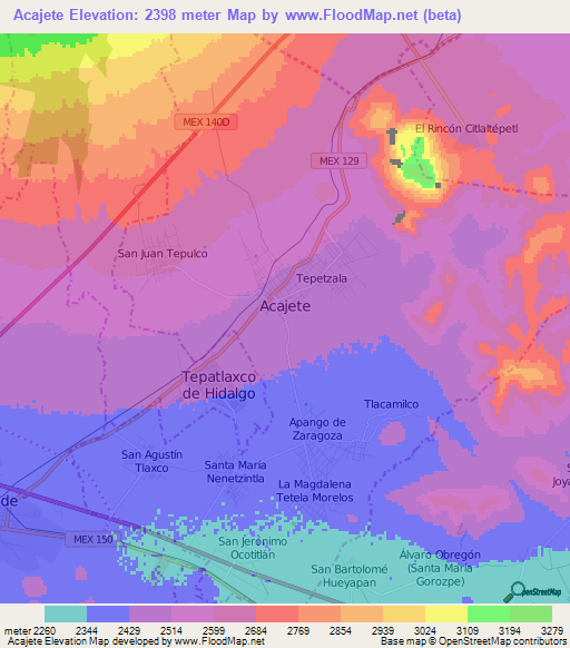 Acajete,Mexico Elevation Map