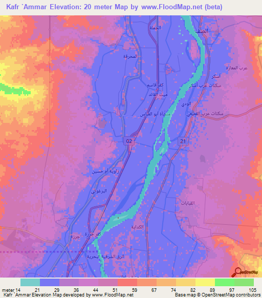 Kafr `Ammar,Egypt Elevation Map