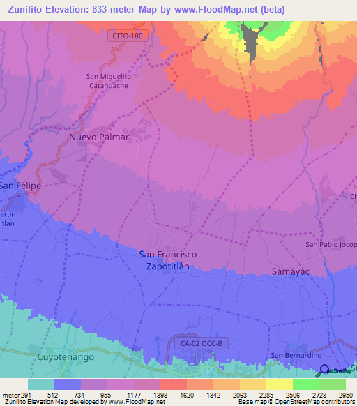 Zunilito,Guatemala Elevation Map