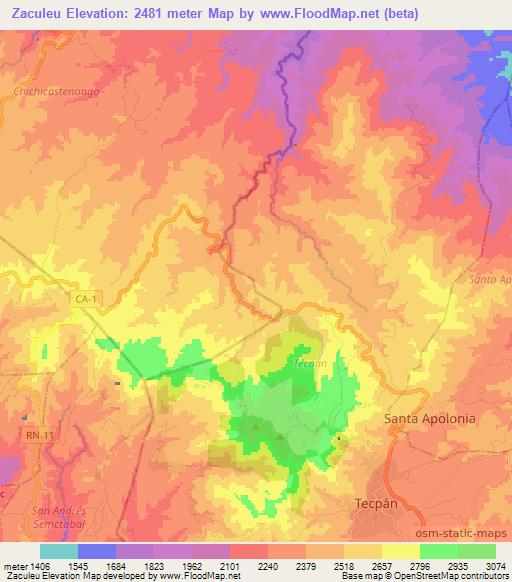 Zaculeu,Guatemala Elevation Map