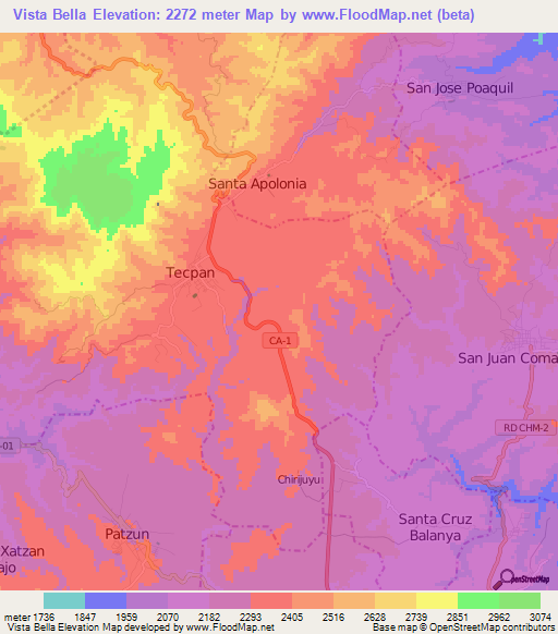 Vista Bella,Guatemala Elevation Map