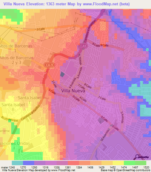 Villa Nueva,Guatemala Elevation Map