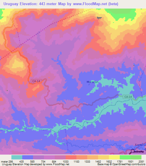 Uruguay,Guatemala Elevation Map