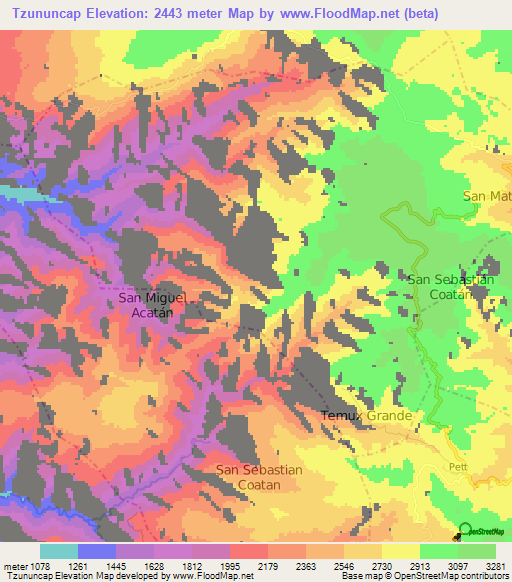 Tzununcap,Guatemala Elevation Map