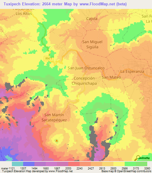 Tuxipech,Guatemala Elevation Map