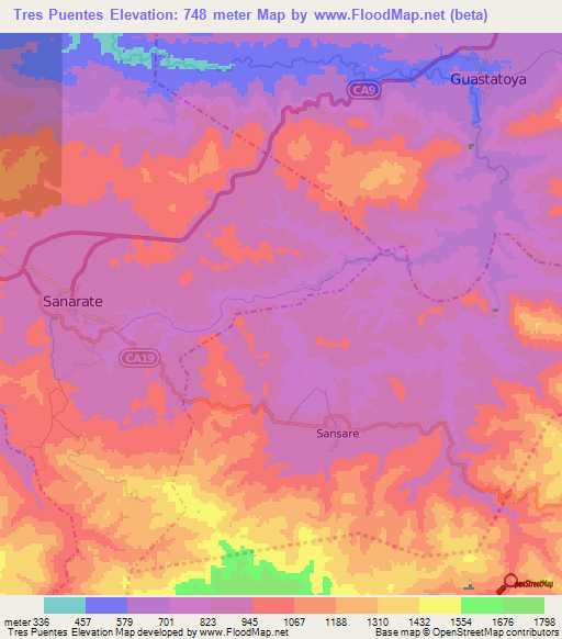 Tres Puentes,Guatemala Elevation Map