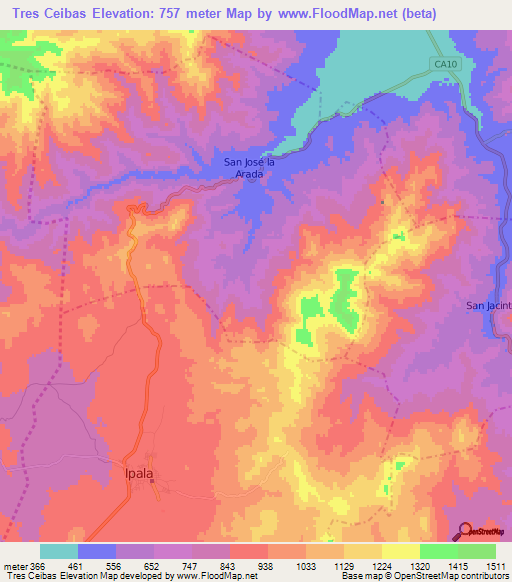 Tres Ceibas,Guatemala Elevation Map