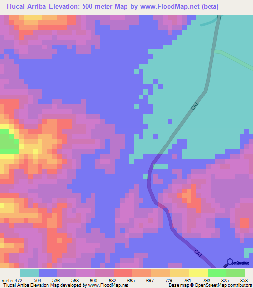 Tiucal Arriba,Guatemala Elevation Map