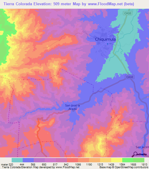 Tierra Colorada,Guatemala Elevation Map