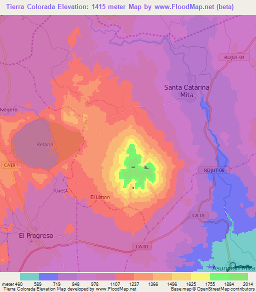 Tierra Colorada,Guatemala Elevation Map