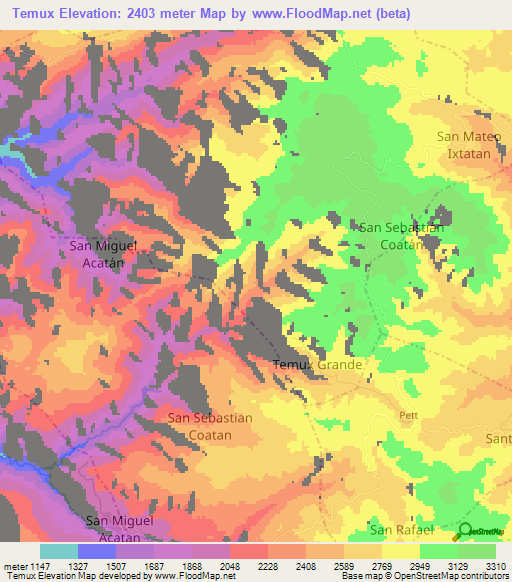 Temux,Guatemala Elevation Map