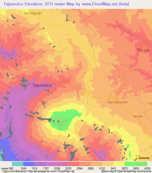 Tajumulco,Guatemala Elevation Map