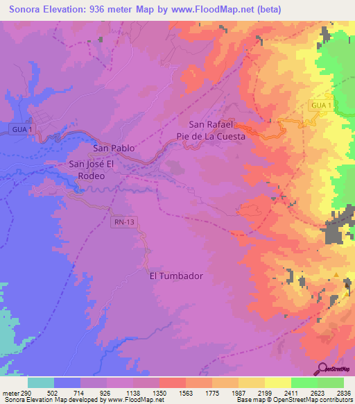 Sonora,Guatemala Elevation Map