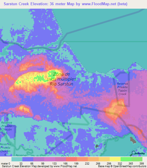 Sarstun Creek,Guatemala Elevation Map