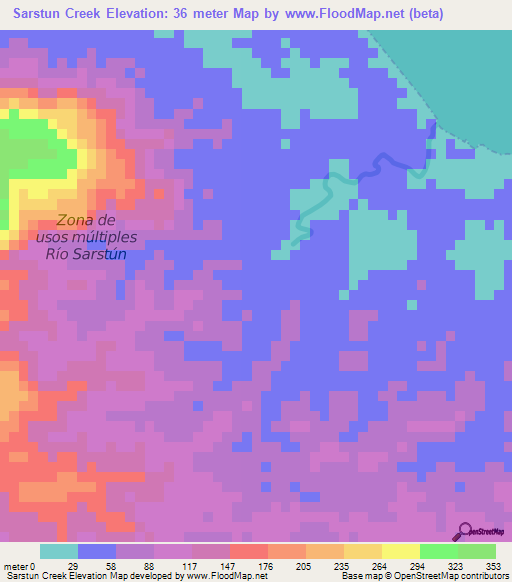 Sarstun Creek,Guatemala Elevation Map