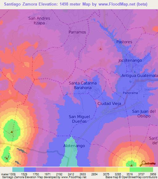 Santiago Zamora,Guatemala Elevation Map