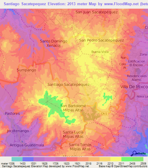 Santiago Sacatepequez,Guatemala Elevation Map