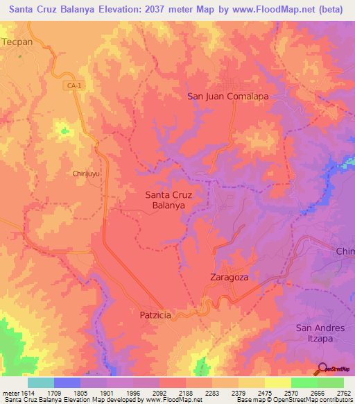 Santa Cruz Balanya,Guatemala Elevation Map