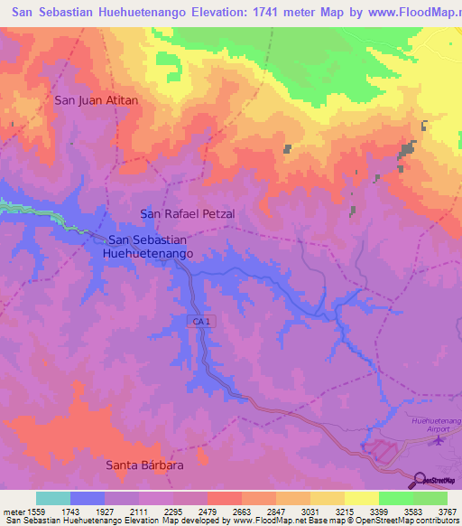 San Sebastian Huehuetenango,Guatemala Elevation Map