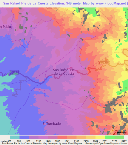 San Rafael Pie de La Cuesta,Guatemala Elevation Map