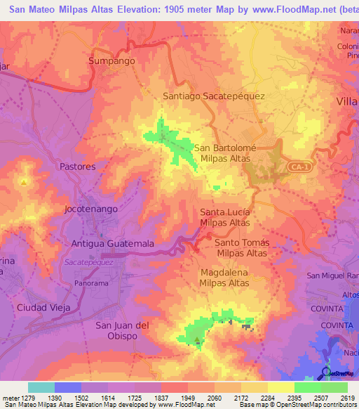 San Mateo Milpas Altas,Guatemala Elevation Map