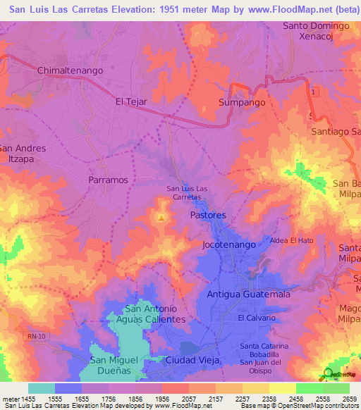 San Luis Las Carretas,Guatemala Elevation Map