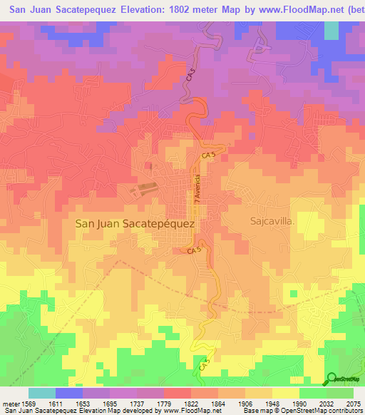 San Juan Sacatepequez,Guatemala Elevation Map