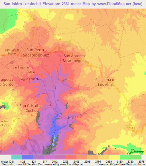 San Isidro Ixcolochil,Guatemala Elevation Map