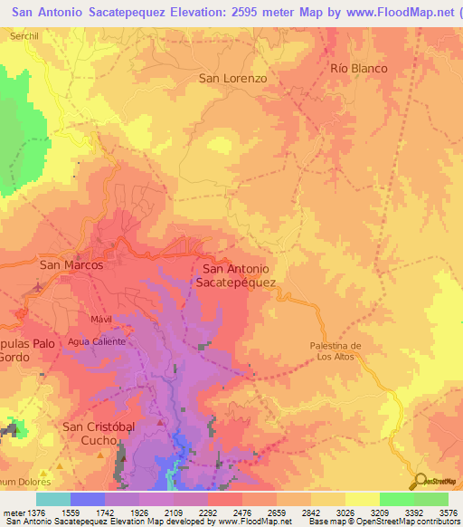 San Antonio Sacatepequez,Guatemala Elevation Map