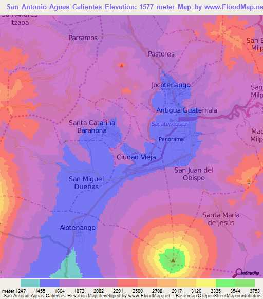 San Antonio Aguas Calientes,Guatemala Elevation Map