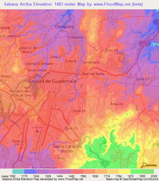 Sabana Arriba,Guatemala Elevation Map